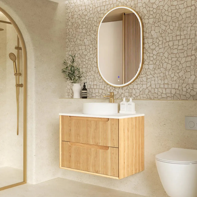 Otti Bruno Fluted Wall Hung Vanity with 2 Drawers Soft Close Doors Woodland Oak 740W X 550H X 460D