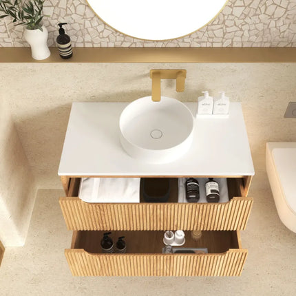 Otti Bruno Fluted Wall Hung Vanity with 2 Drawers Soft Close Doors Woodland Oak 740W X 550H X 460D