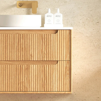 Otti Bruno Fluted Wall Hung Vanity with 2 Drawers Soft Close Doors Woodland Oak 740W X 550H X 460D