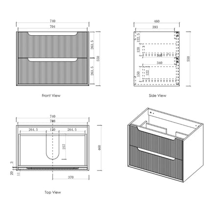 Otti Bruno Fluted Wall Hung Vanity with 2 Drawers Soft Close Doors Woodland Oak 740W X 550H X 460D