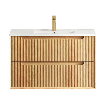 Otti Bruno Fluted Wall Hung Vanity with 2 Drawers Soft Close Doors Woodland Oak 890W X 550H X 460D