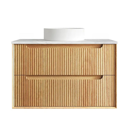 Otti Bruno Fluted Wall Hung Vanity with 2 Drawers Soft Close Doors Woodland Oak 890W X 550H X 460D