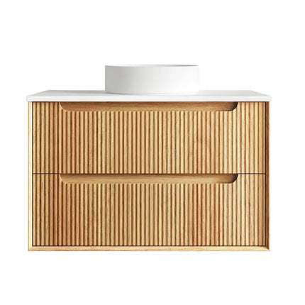 Otti Bruno Fluted Wall Hung Vanity with 2 Drawers Soft Close Doors Woodland Oak 890W X 550H X 460D