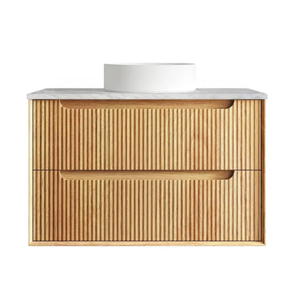 Otti Bruno Fluted Wall Hung Vanity with 2 Drawers Soft Close Doors Woodland Oak 890W X 550H X 460D