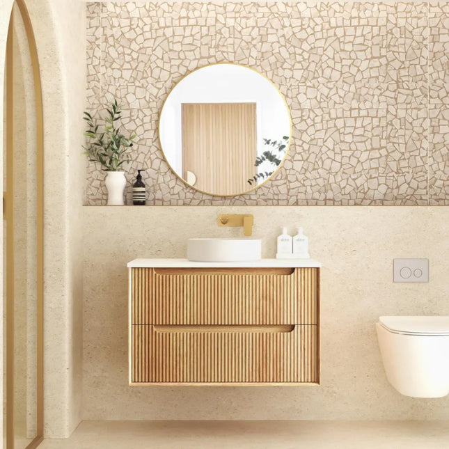 Otti Bruno Fluted Wall Hung Vanity with 2 Drawers Soft Close Doors Woodland Oak 890W X 550H X 460D