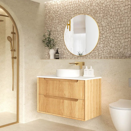Otti Bruno Fluted Wall Hung Vanity with 2 Drawers Soft Close Doors Woodland Oak 890W X 550H X 460D