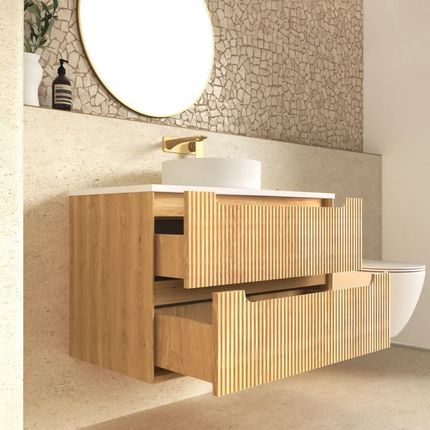 Otti Bruno Fluted Wall Hung Vanity with 2 Drawers Soft Close Doors Woodland Oak 890W X 550H X 460D