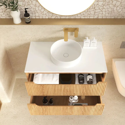 Otti Bruno Fluted Wall Hung Vanity with 2 Drawers Soft Close Doors Woodland Oak 890W X 550H X 460D
