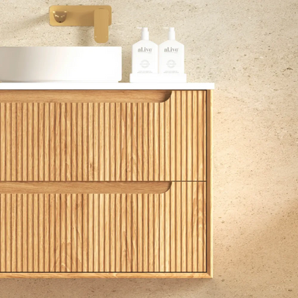 Otti Bruno Fluted Wall Hung Vanity with 2 Drawers Soft Close Doors Woodland Oak 890W X 550H X 460D