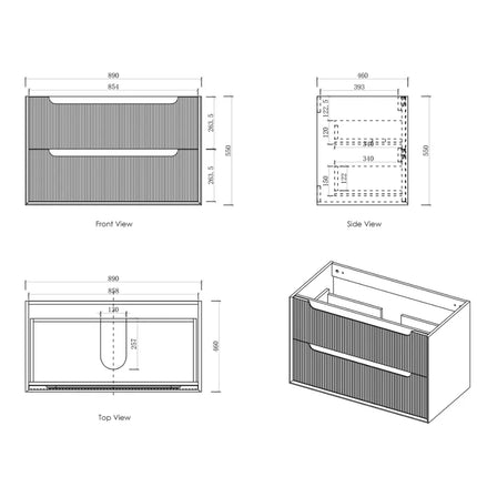 Otti Bruno Fluted Wall Hung Vanity with 2 Drawers Soft Close Doors Woodland Oak 890W X 550H X 460D