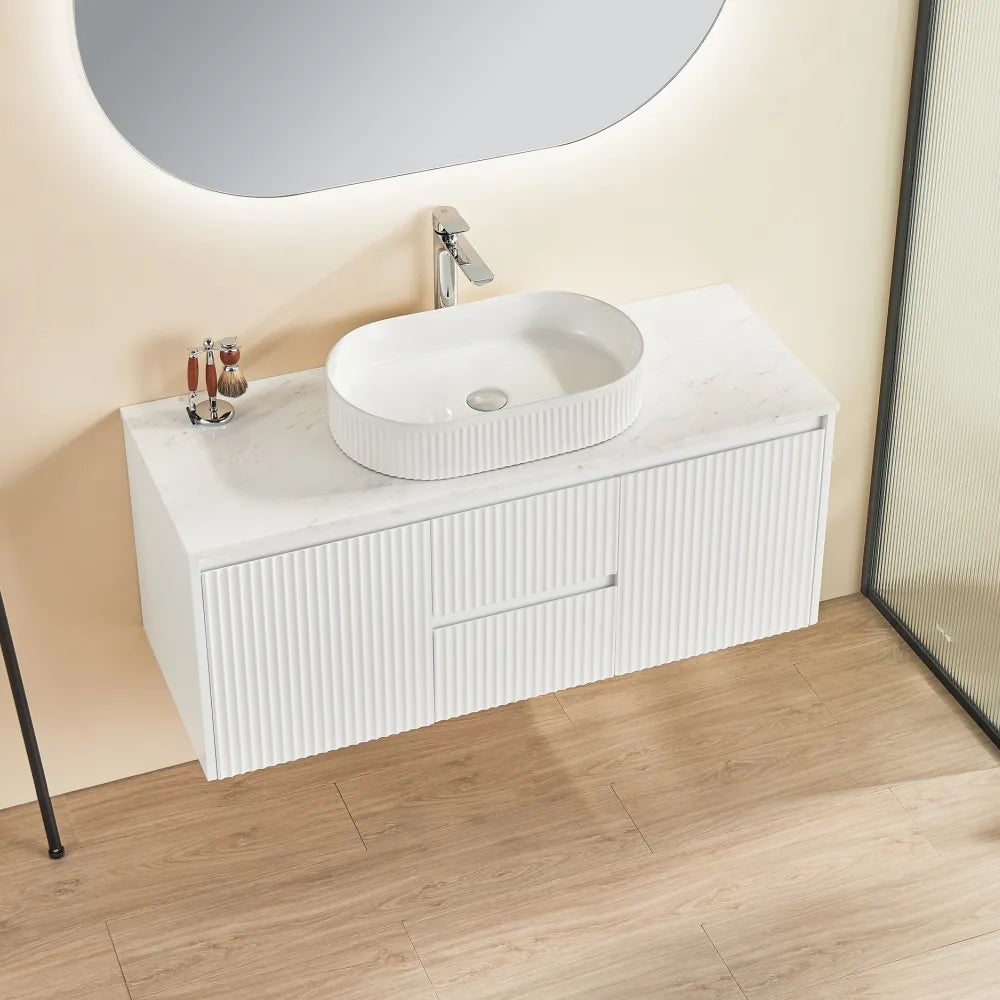 Ceto Brindabella Fluted Wall Hung Vanity Matte White Middle Drawers 1200 ,