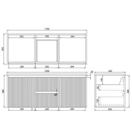 Ceto Brindabella Fluted Wall Hung Vanity Matte Black Middle Drawers 1200 ,