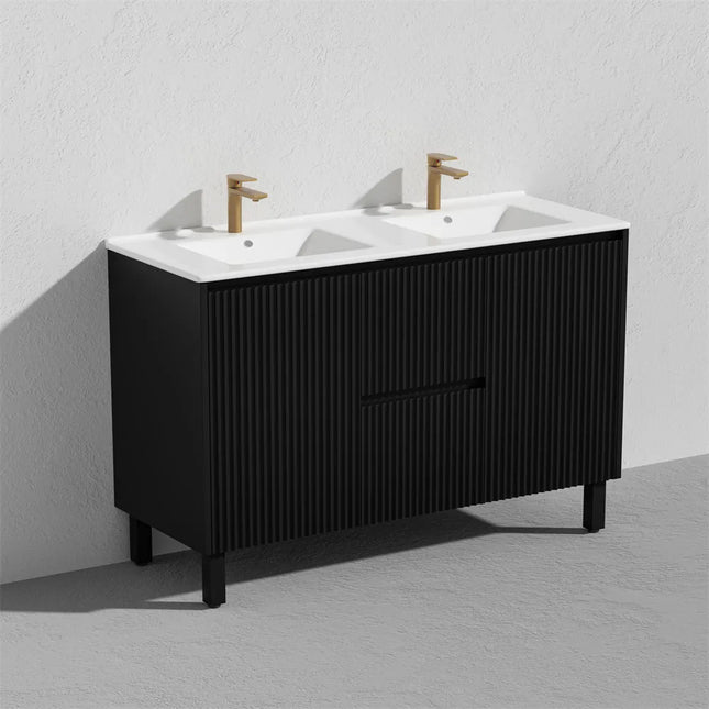 Ceto Brighton Fluted Freestanding Floor Vanity Matte Black Middle Drawers 1200 ,