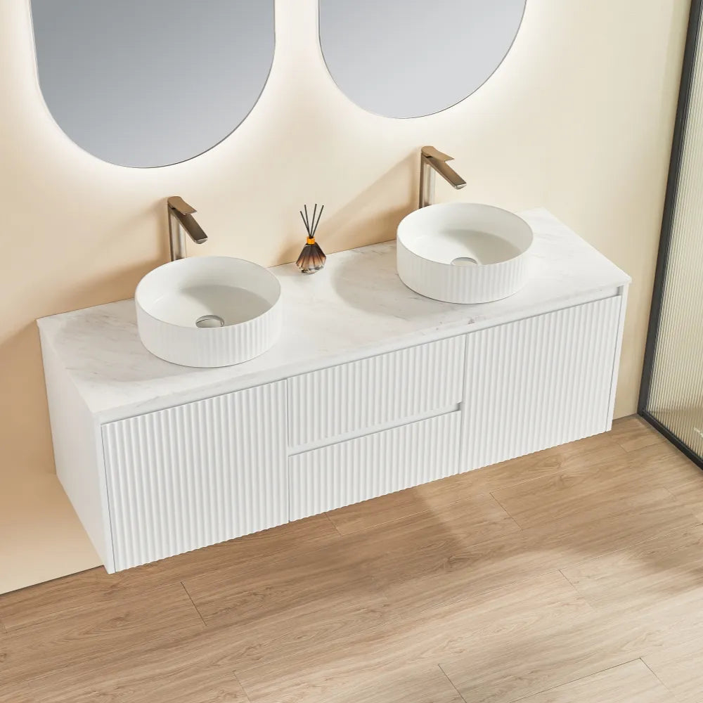 Ceto Brindabella Fluted Wall Hung Vanity Matte White Middle Drawers 1500 ,