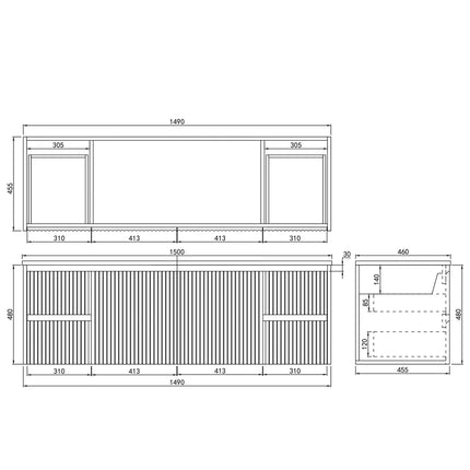 Ceto Brindabella Fluted Wall Hung Vanity Matte Black Drawers on Both Sides 1500 ,