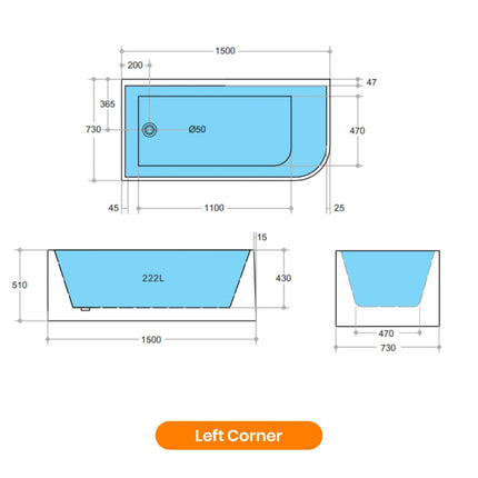 Bathroom Gloss White Corner Bathtub with No Overflow 1500X730X510 ,