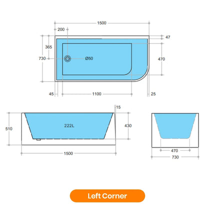 Bathroom Gloss White Corner Bathtub with No Overflow 1500X730X510 ,