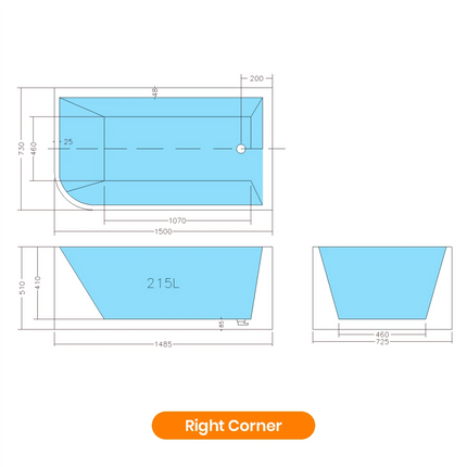 Bathroom Gloss White Corner Bathtub with No Overflow 1500X730X510 ,