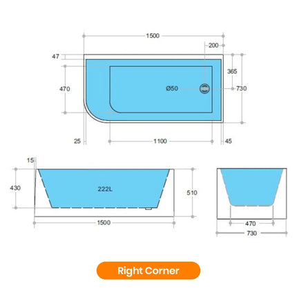 Bathroom Gloss White Corner Bathtub with No Overflow 1500X730X510 ,
