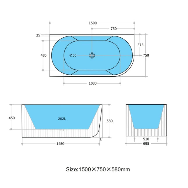 Ceto Capri Groove Fluted Corner Bathtub, Oval, Matte Black, 1500 X 750 X 580mm