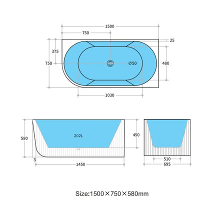 Ceto Capri Groove Fluted Corner Bathtub, Oval, Gloss White, 1500 X 750 X 580mm