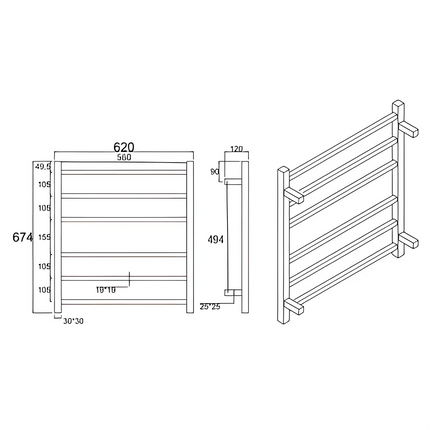 Square Electric Heated Towel Rack 6 Bars Chrome ,