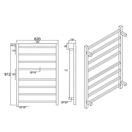 Square Electric Heated Towel Rack 8 Bars Chrome ,