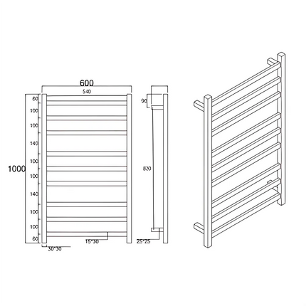 Square Electric Heated Towel Rack 9 Bars Chrome ,