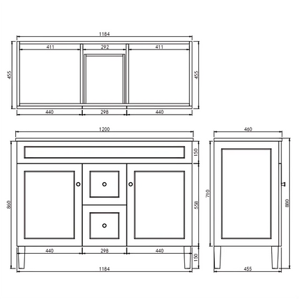 Ceto Harrington Hampton Style Freestanding Floor Vanity Matte White Middle Drawers 1200 ,