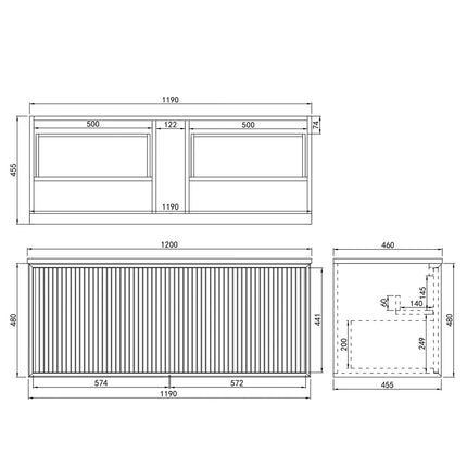 Ceto Kirribilli Fluted Wall Hung Vanity Matte White 1200 ,