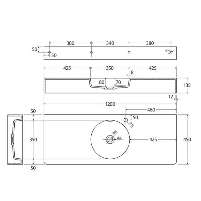 Fienza Encanto Cast Stone Matte White Wall Basin, 1200 mm, Centre Bowl, No Tap Hole ,