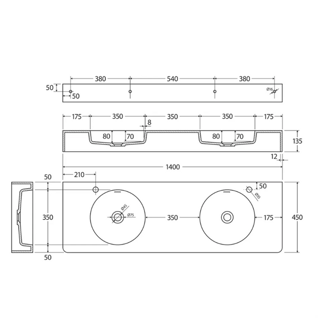 Fienza Encanto Cast Stone Matte White Double Bowl Wall Basin, 1400 mm, No Tap Hole ,