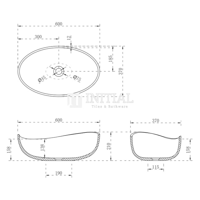 Wave Above Counter Basin, Oval, 600X370X210, Matte White ,