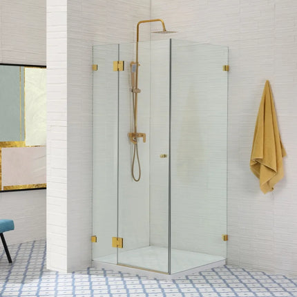 800-1200 X 2000mm Square Frameless Hinge Door with Return Panel adjustable 10mm Glass Brushed Gold