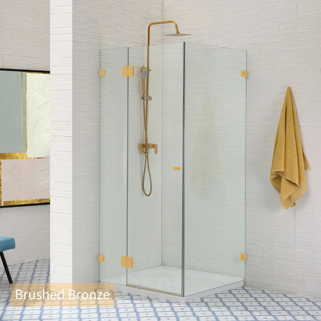800-1200 X 2000mm Square Frameless Hinge Door with Return Panel adjustable 10mm Glass Brushed Bronze