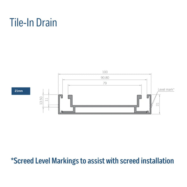 Tile-In 21mm Depth Linear Aluminium Drain Brushed Nickel 76mm Outlet 1000~3000mm