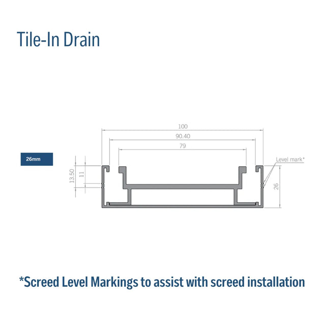 Tile-In 26mm Depth Linear Aluminium Drain Brushed Gold 76mm Outlet 1000~3000mm