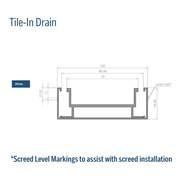 Tile-In 35mm Depth Linear Aluminium Drain Brushed Silver 76mm Outlet 1000~3000mm