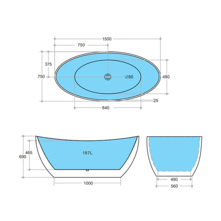 Bathroom Gloss Black Evo Floor Freestanding Bathtub with No Overflow 1500X750X690 ,