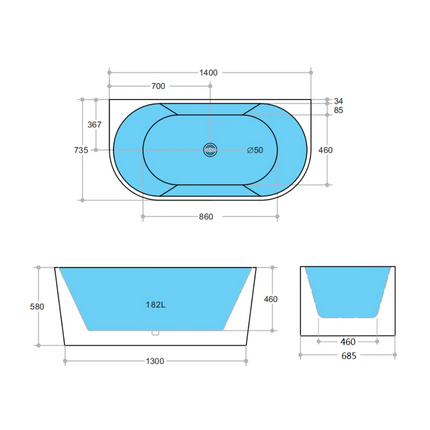 Bathroom Gloss or Matt White Victoria Back to Wall Bathtub with No Overflow 1400X735X580 ,