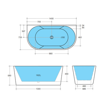 Bathroom Matt Black Victoria Back to Wall Bathtub with No Overflow 1400X735X580 ,