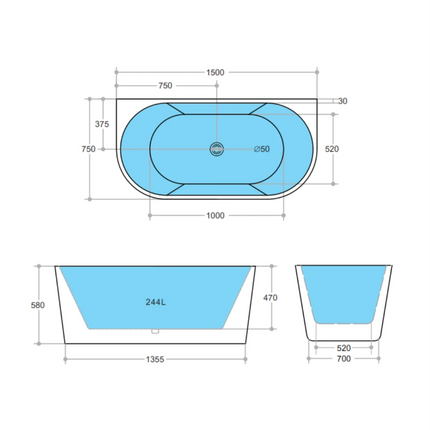 Bathroom Matt Black Victoria Back to Wall Bathtub with No Overflow 1500X750X580 ,