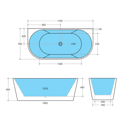 Bathroom Gloss or Matt White Victoria Back to Wall Bathtub with No Overflow 1700X795X580 ,