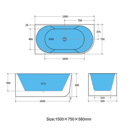 Victoria Gloss White Corner Bathtub with No Overflow 1500X750X580