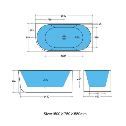 Victoria Gloss White Corner Bathtub with No Overflow 1500X750X580