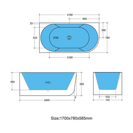 Victoria Matt White Corner Bathtub with No Overflow 1700X780X585