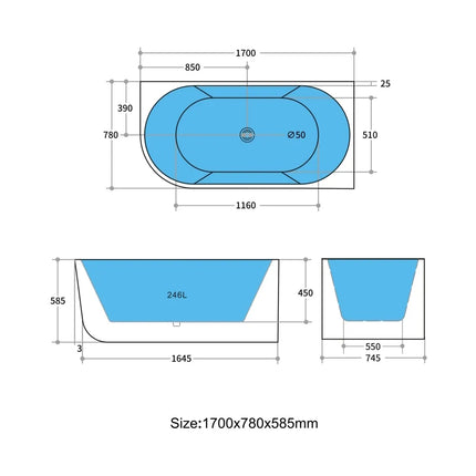 Victoria Gloss White Corner Bathtub with No Overflow 1700X780X585