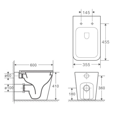 Essex Rimless Wall Faced Floor Pan Toilet Gloss White 600X350X410