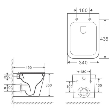 Essex Rimless Wall Hung Pan Toilet Gloss White 490X340X350mm