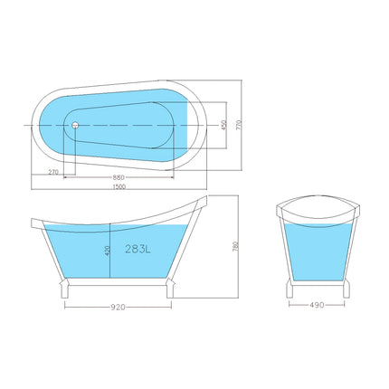 Bathroom Gloss White Espada Floor Freestanding Bathtub with No Overflow 1500X770X780 ,